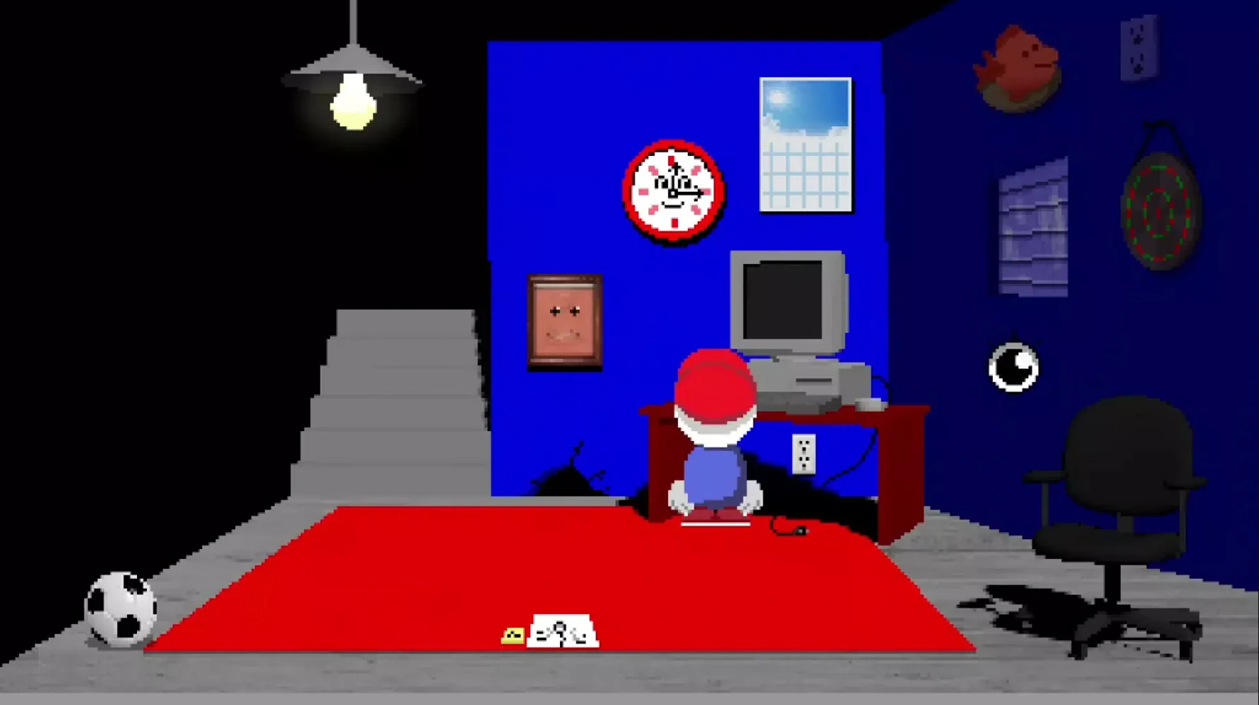 Mellow faces a CRT computer in a blue bedroom with a soccer ball on the floor