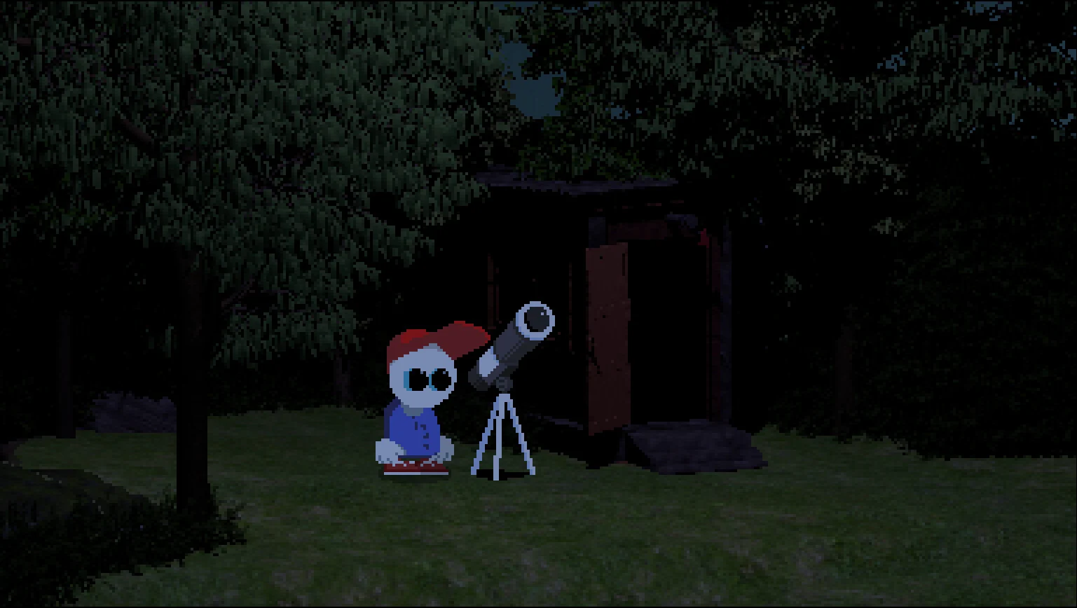Mellow stands beside a telescope in front of a dark wooden shack at night